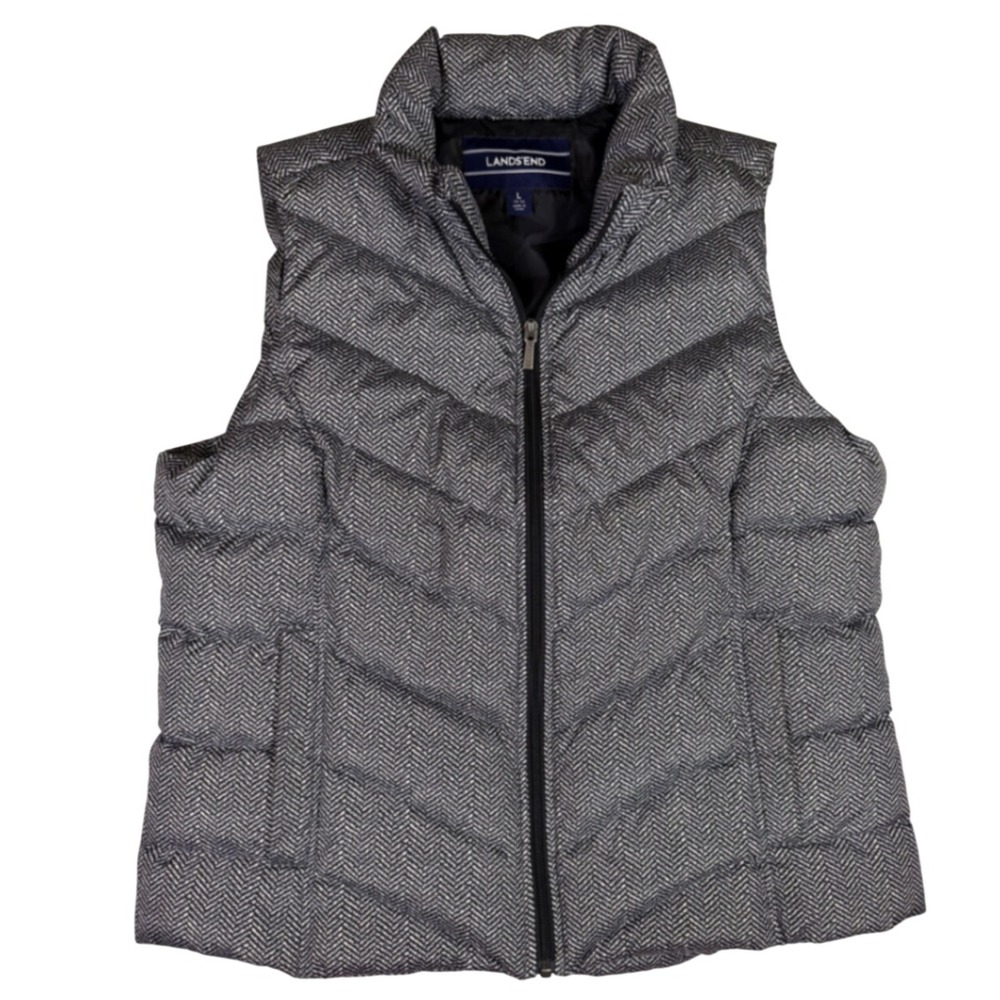 Lands' End Womens‎ Puffer Vest Grey Herringbone Chevron Down Insulated Zip Sz L